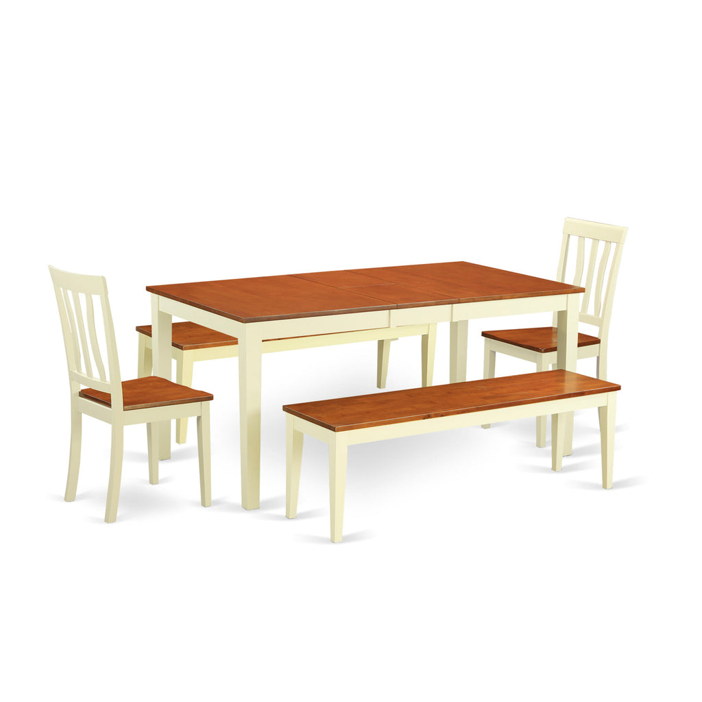 East West Furniture NIAN5N-WHI-W 5 Piece Dining Table Set for 4 Includes a Rectangle Kitchen Table with Butterfly Leaf and 2 Dining Chairs with 2 Benches, 36x66 Inch, Buttermilk & Cherry