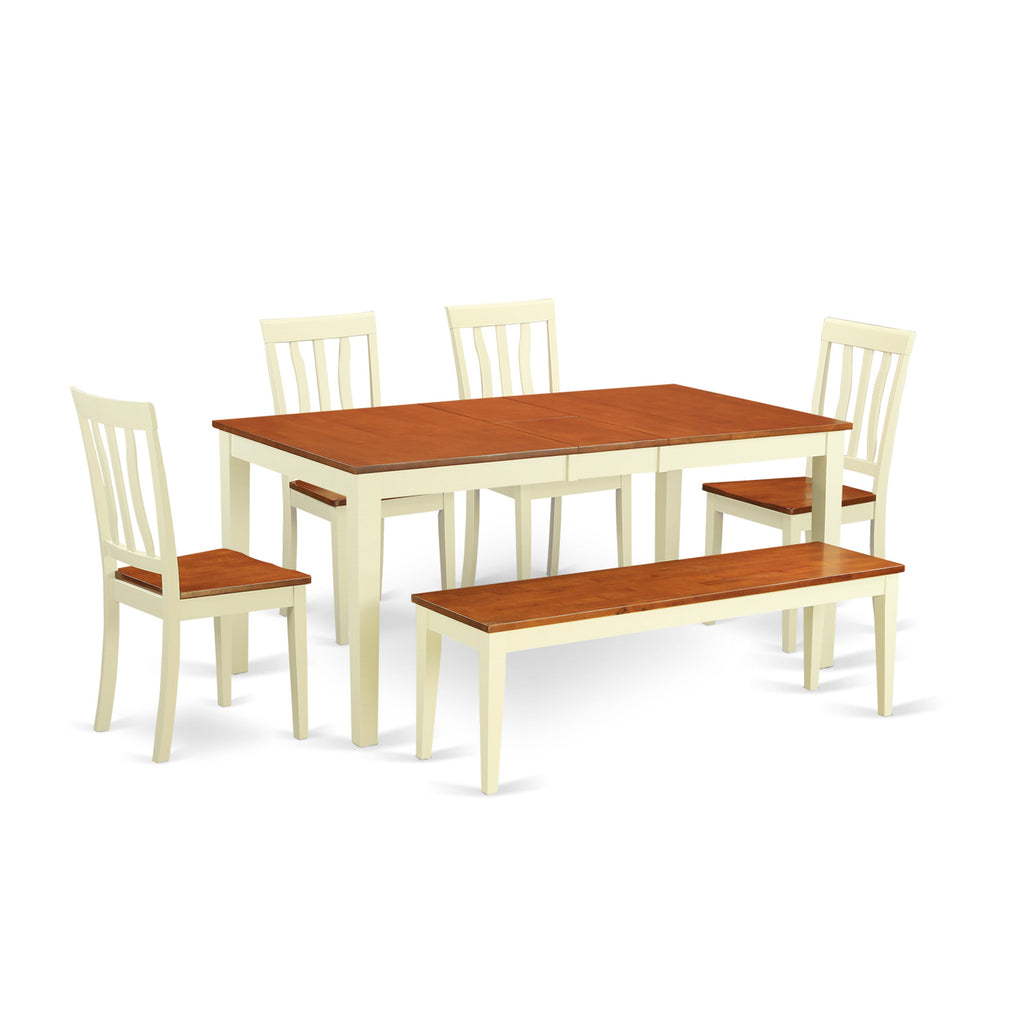 East West Furniture NIAN6-WHI-W 6 Piece Kitchen Table & Chairs Set Contains a Rectangle Dining Table with Butterfly Leaf and 4 Dining Room Chairs with a Bench, 36x66 Inch, Buttermilk & Cherry