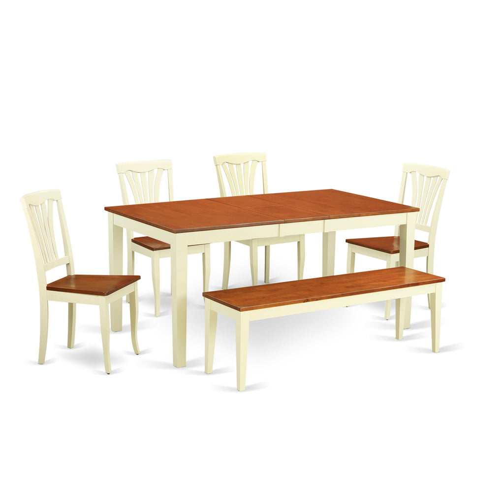 East West Furniture NIAV6-WHI-W 6 Piece Dining Table Set Contains a Rectangle Dining Room Table with Butterfly Leaf and 4 Wooden Seat Chairs with a Bench, 36x66 Inch, Buttermilk & Cherry