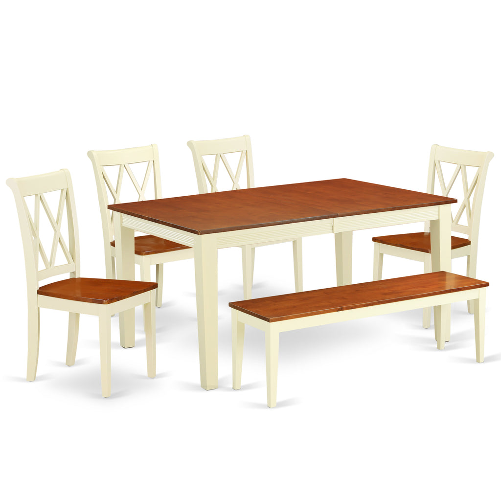 East West Furniture NICL6-BMK-W 6 Piece Dining Room Table Set Contains a Rectangle Kitchen Table with Butterfly Leaf and 4 Dining Chairs with a Bench, 36x66 Inch, Buttermilk & Cherry