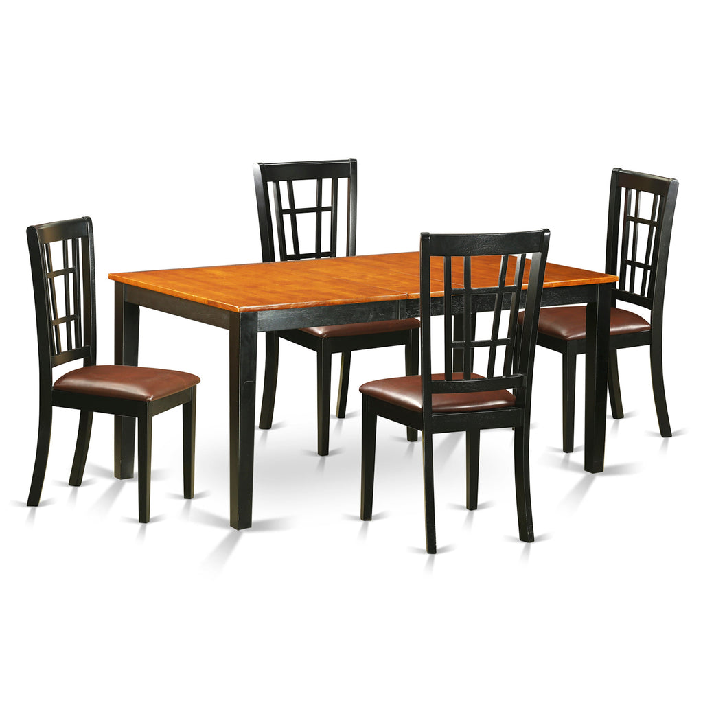 East West Furniture NICO5-BLK-LC 5 Piece Dinette Set for 4 Includes a Rectangle Dining Table with Butterfly Leaf and 4 Faux Leather Dining Room Chairs, 36x66 Inch, Black & Cherry