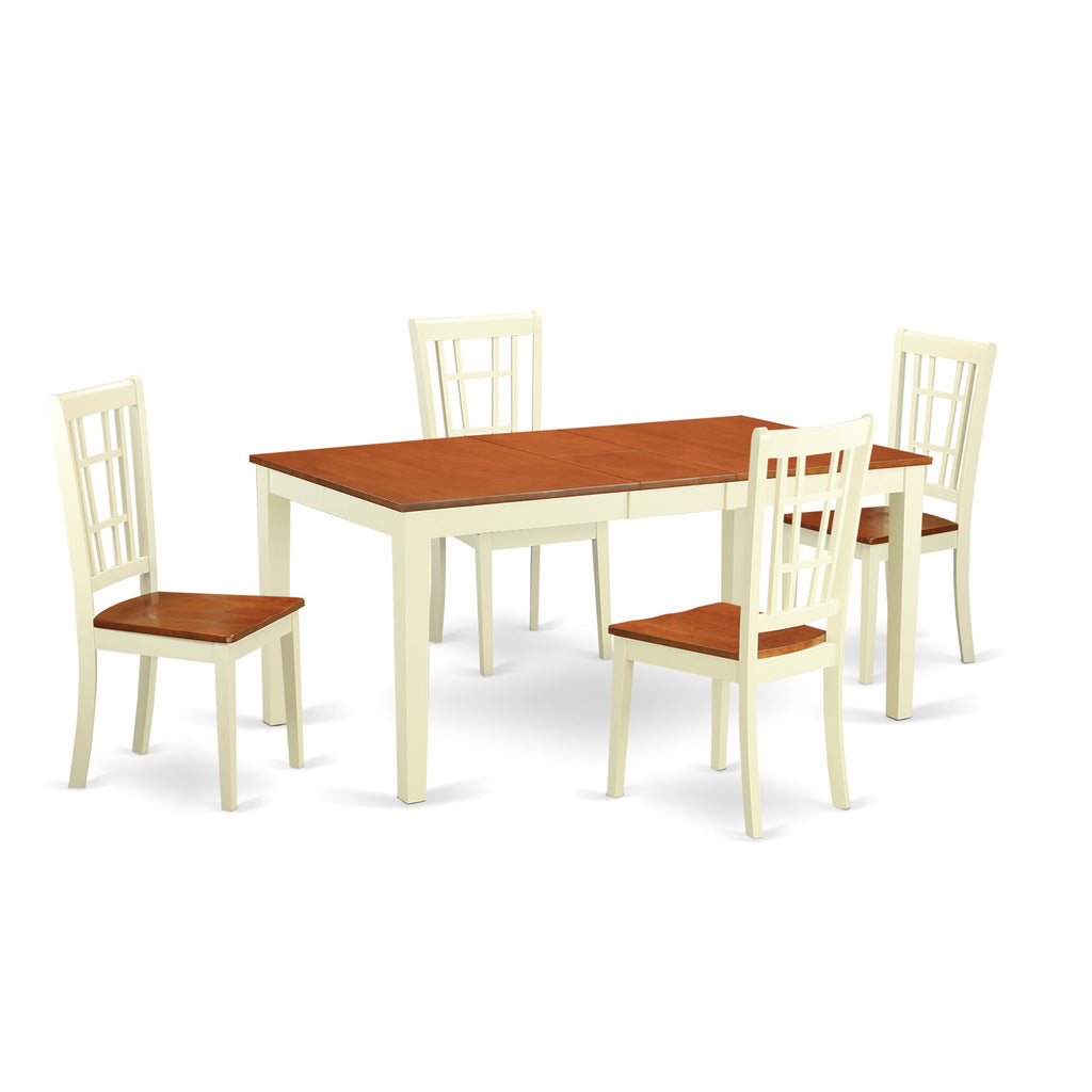 East West Furniture NICO5-WHI-W 5 Piece Dining Room Table Set Includes a Rectangle Kitchen Table with Butterfly Leaf and 4 Dining Chairs, 36x66 Inch, Buttermilk & Cherry