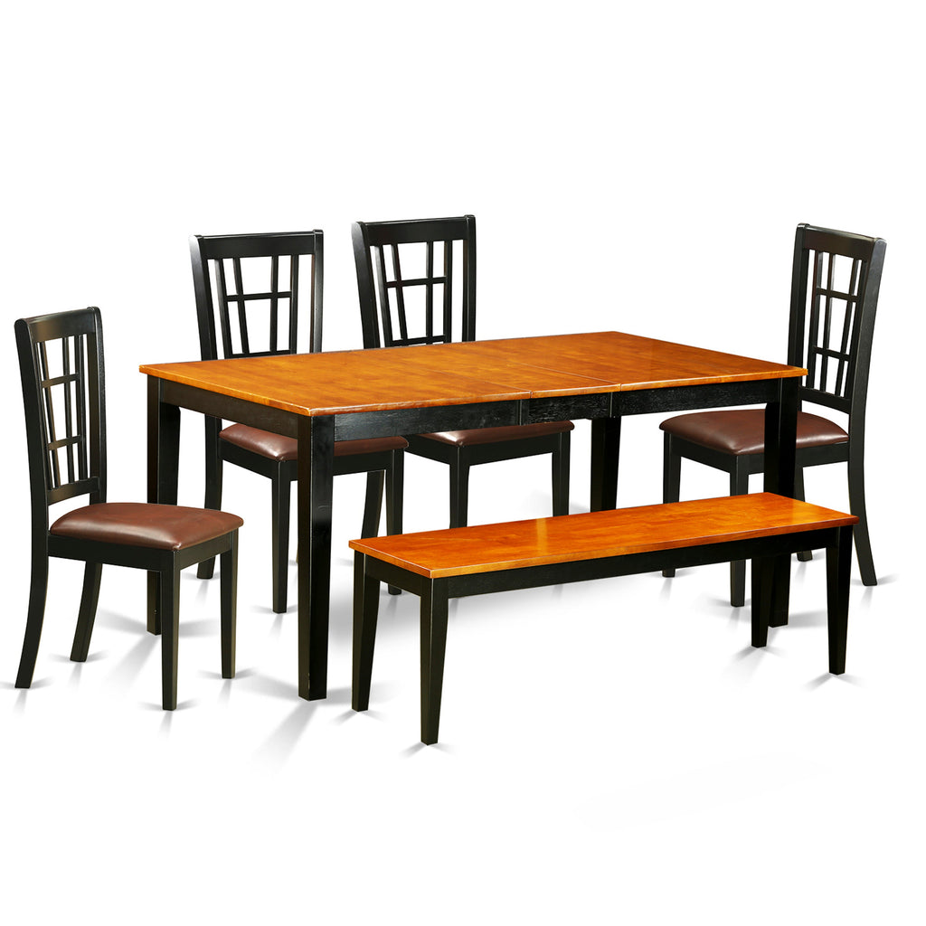 East West Furniture NICO6-BLK-LC 6 Piece Dinette Set Contains a Rectangle Dining Room Table with Butterfly Leaf and 4 Faux Leather Dining Chairs with a Bench, 36x66 Inch, Black & Cherry