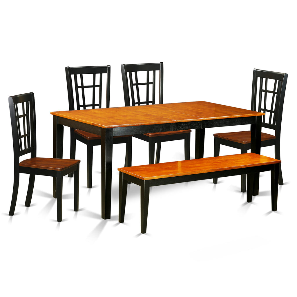East West Furniture NICO6-BLK-W 6 Piece Dining Table Set Contains a Rectangle Dining Room Table with Butterfly Leaf and 4 Wooden Seat Chairs with a Bench, 36x66 Inch, Black & Cherry