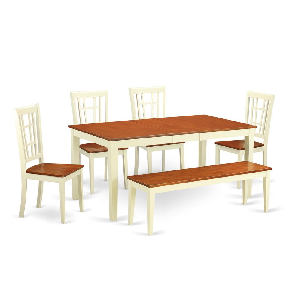 East West Furniture NICO6-WHI-W 6 Piece Dining Table Set Contains a Rectangle Dining Room Table with Butterfly Leaf and 4 Wooden Seat Chairs with a Bench, 36x66 Inch, Buttermilk & Cherry