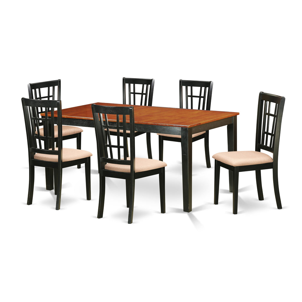 East West Furniture NICO7-BLK-C 7 Piece Dining Set Consist of a Rectangle Dining Room Table with Butterfly Leaf and 6 Linen Fabric Upholstered Kitchen Chairs, 36x66 Inch, Black & Cherry