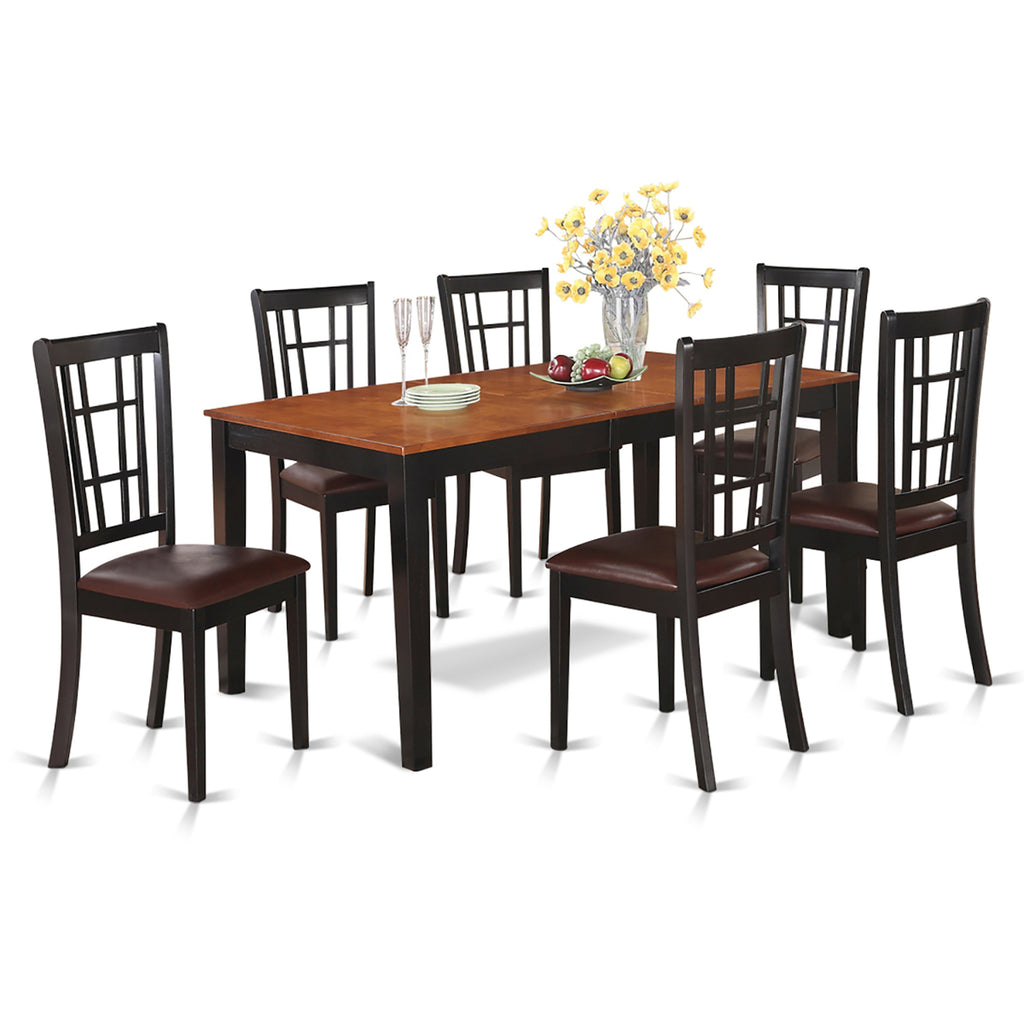 East West Furniture NICO7-BLK-LC 7 Piece Modern Dining Table Set Consist of a Rectangle Wooden Table with Butterfly Leaf and 6 Faux Leather Upholstered Chairs, 36x66 Inch, Black & Cherry