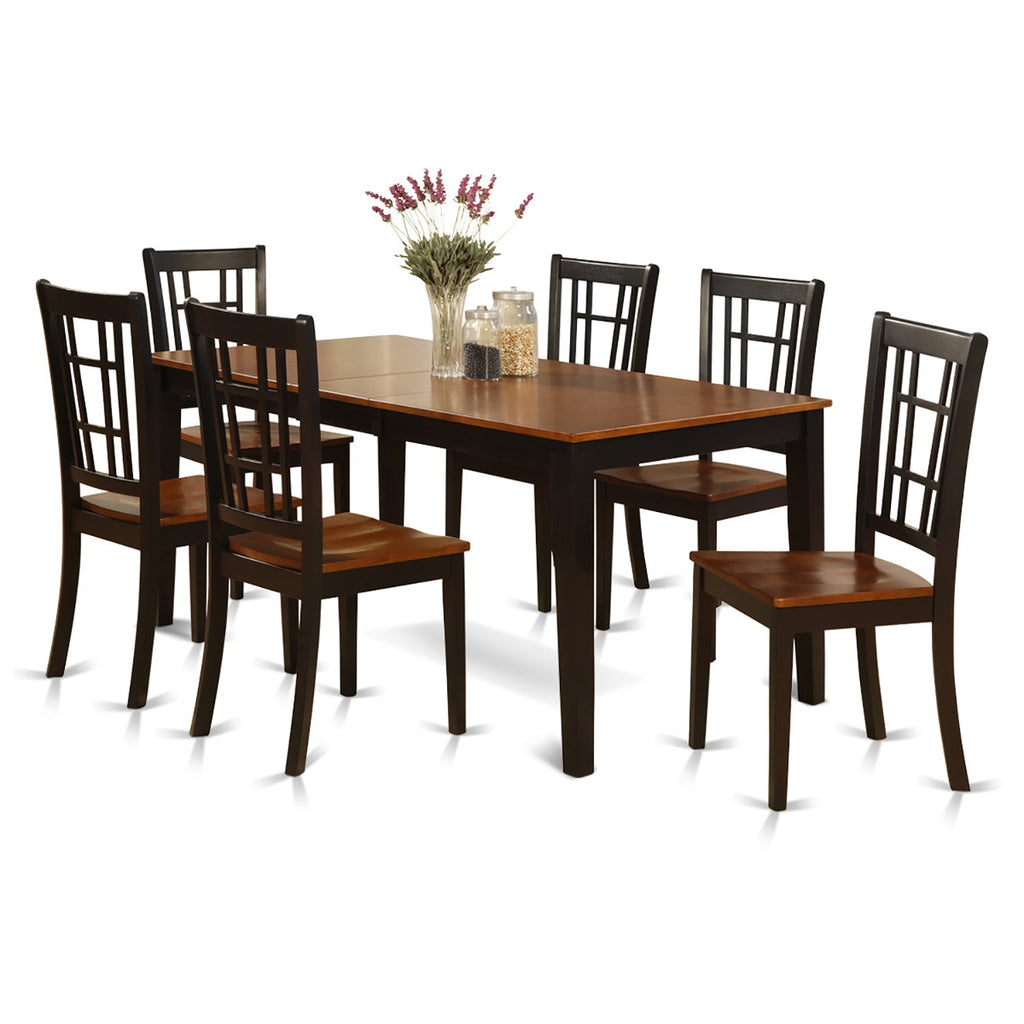 East West Furniture NICO7-BLK-W 7 Piece Kitchen Table Set Consist of a Rectangle Dining Table with Butterfly Leaf and 6 Dining Chairs, 36x66 Inch, Black & Cherry