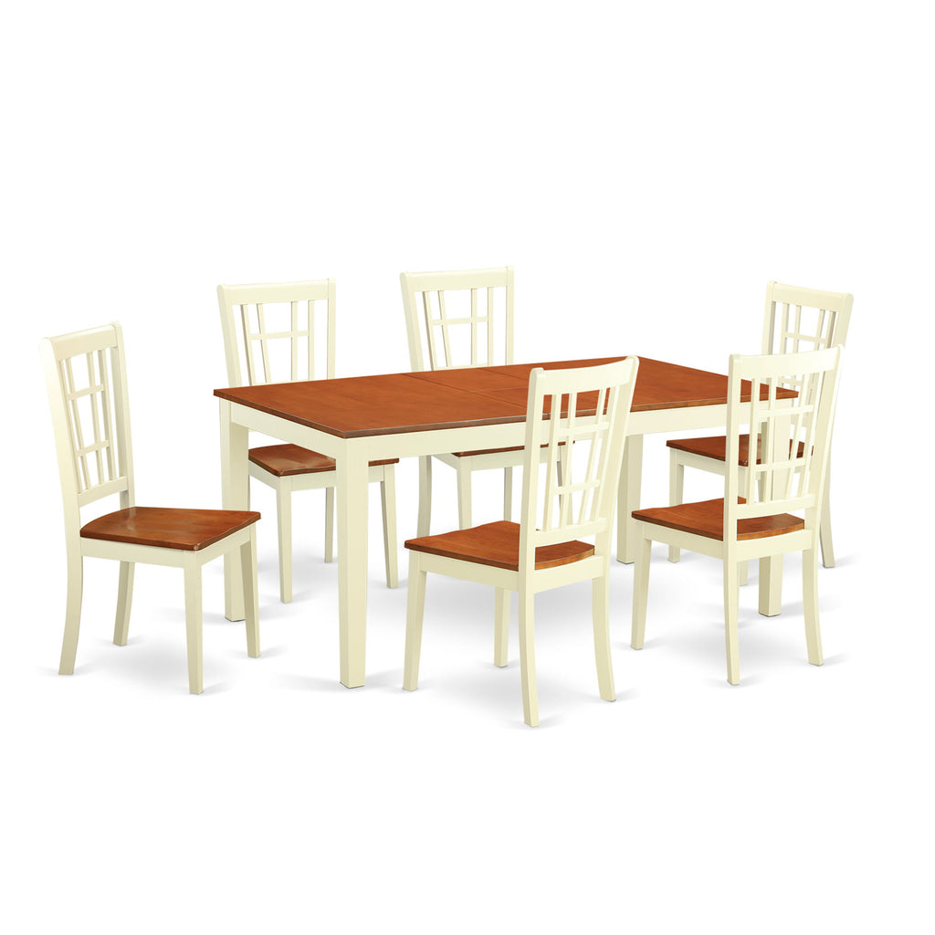 East West Furniture NICO7-WHI-W 7 Piece Dining Room Furniture Set Consist of a Rectangle Kitchen Table with Butterfly Leaf and 6 Dining Chairs, 36x66 Inch, Buttermilk & Cherry