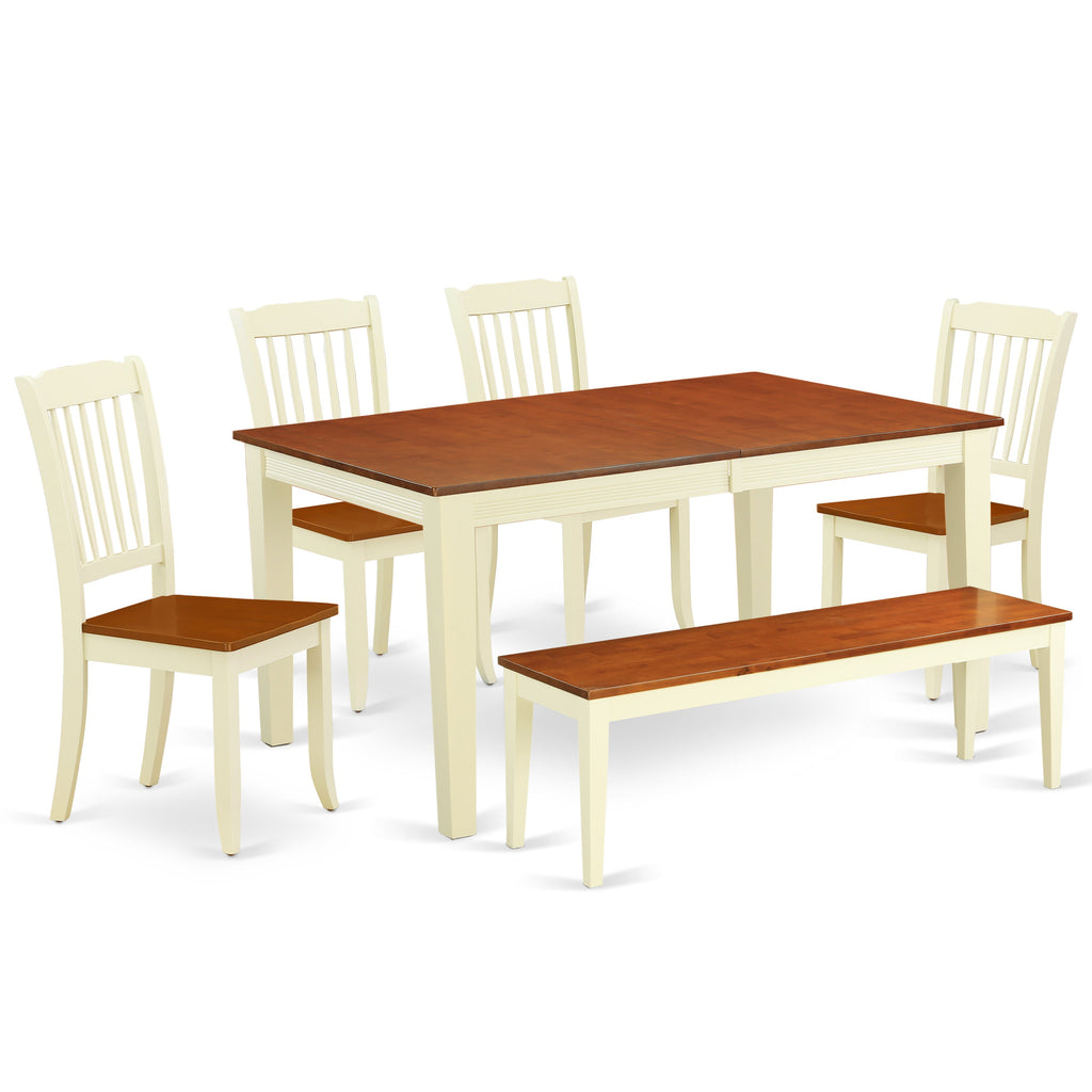 East West Furniture NIDA6-BMK-W 6 Piece Dining Room Furniture Set Contains a Rectangle Kitchen Table with Butterfly Leaf and 4 Dining Chairs with a Bench, 36x66 Inch, Buttermilk & Cherry
