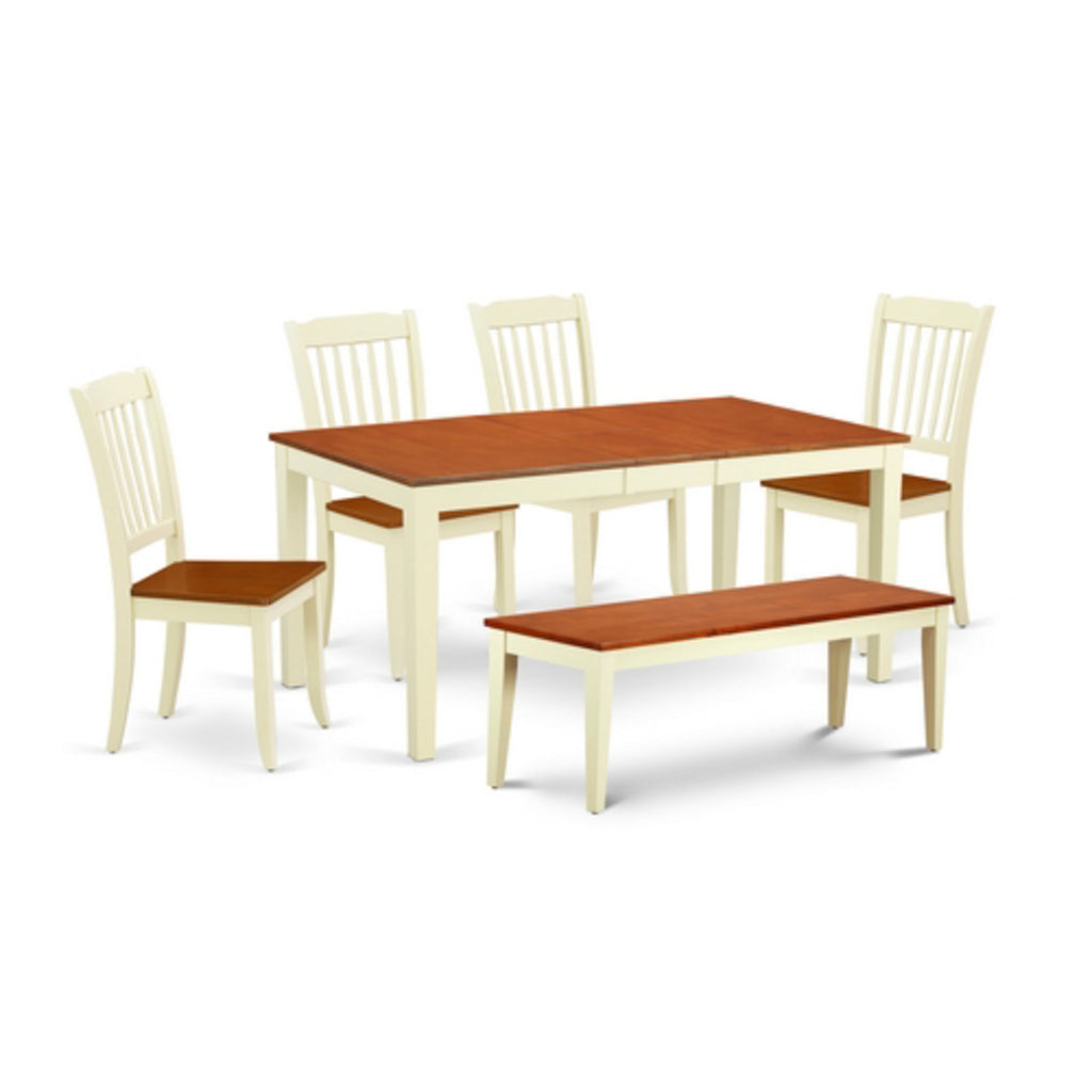 NIDA6N-BMK-W 6Pc Dining Set - 36x66" Rectangular Table, 4 Kitchen Chairs and a Bench - Buttermilk & Cherry Color