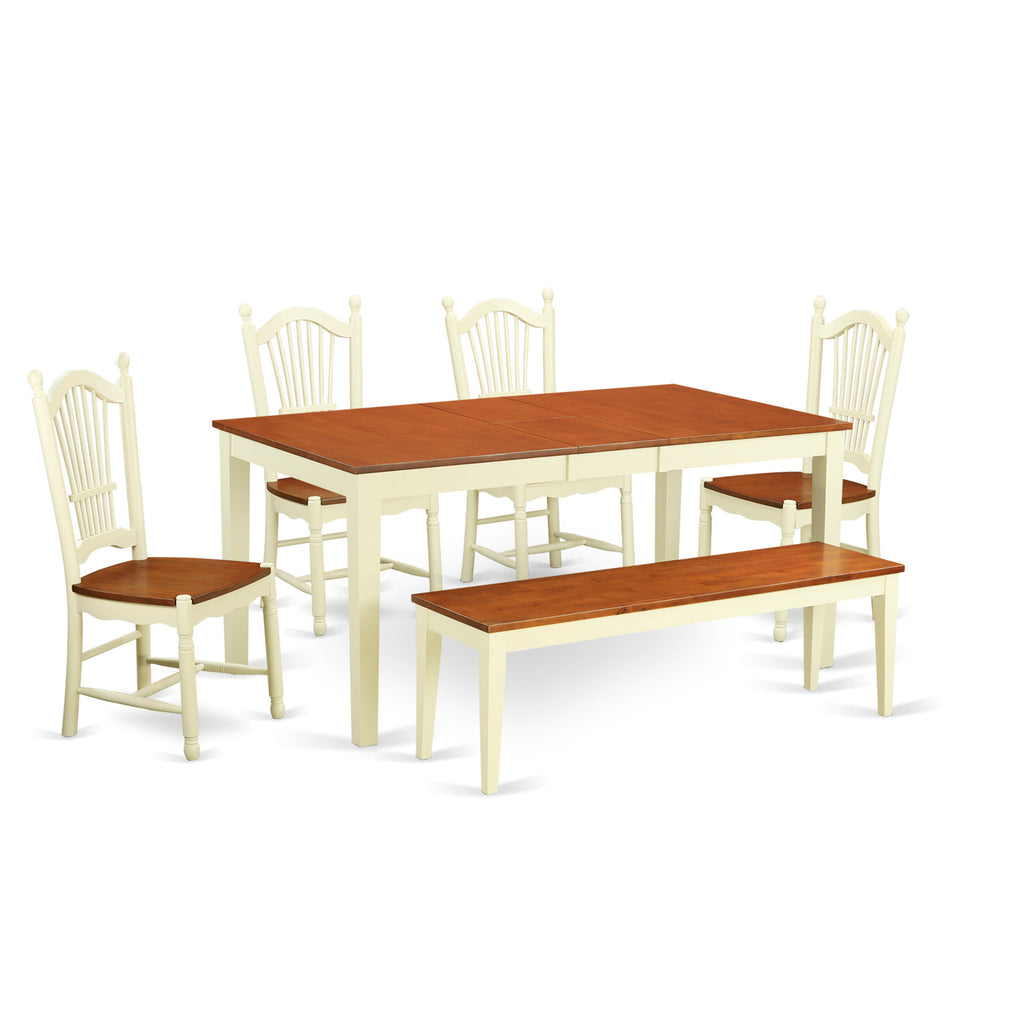 East West Furniture NIDO6-WHI-W 6 Piece Modern Dining Table Set Contains a Rectangle Wooden Table with Butterfly Leaf and 4 Dining Chairs with a Bench, 36x66 Inch, Buttermilk & Cherry