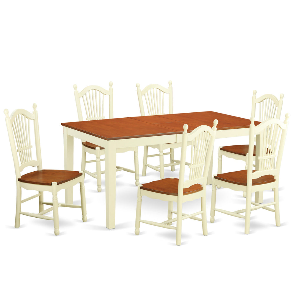 East West Furniture NIDO7-WHI-W 7 Piece Dining Table Set Consist of a Rectangle Dining Room Table with Butterfly Leaf and 6 Wood Seat Chairs, 36x66 Inch, Buttermilk & Cherry