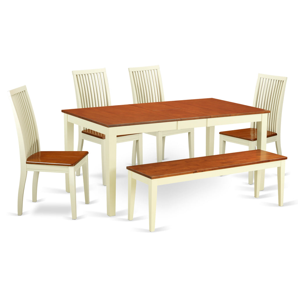 East West Furniture NIIP6-BMK-W 6 Piece Dining Table Set Contains a Rectangle Dining Room Table with Butterfly Leaf and 4 Wooden Seat Chairs with a Bench, 36x66 Inch, Buttermilk & Cherry