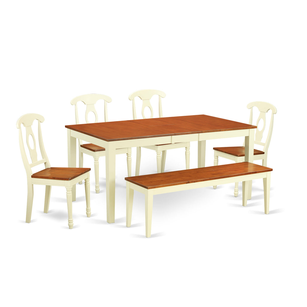 East West Furniture NIKE6-WHI-W 6 Piece Kitchen Table & Chairs Set Contains a Rectangle Dining Table with Butterfly Leaf and 4 Dining Room Chairs with a Bench, 36x66 Inch, Buttermilk & Cherry