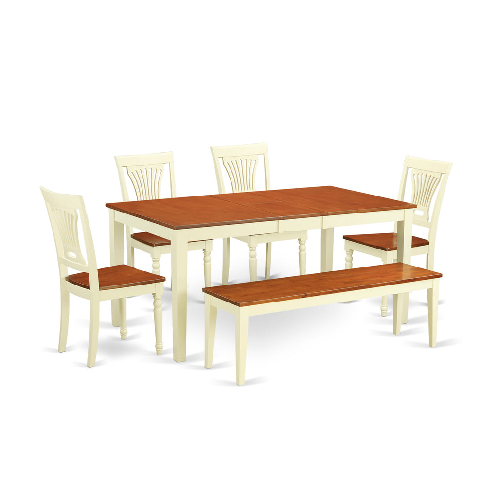 East West Furniture NIPL6-WHI-W 6 Piece Kitchen Table & Chairs Set Contains a Rectangle Dining Table with Butterfly Leaf and 4 Dining Room Chairs with a Bench, 36x66 Inch, Buttermilk & Cherry