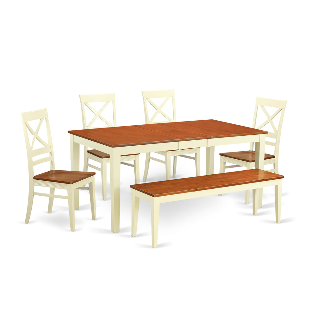 East West Furniture NIQU6-WHI-W 6 Piece Kitchen Table Set Contains a Rectangle Dining Table with Butterfly Leaf and 4 Dining Chairs with a Bench, 36x66 Inch, Buttermilk & Cherry