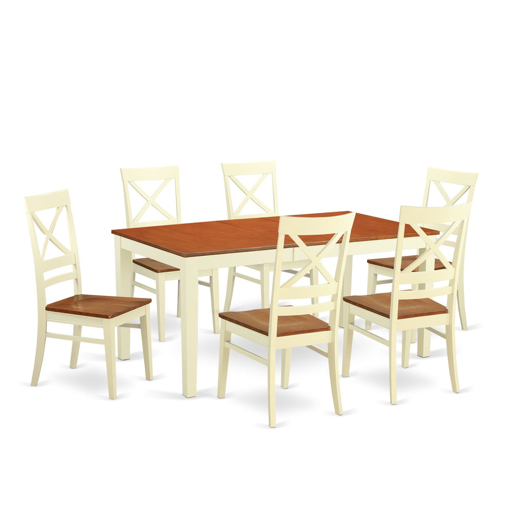 East West Furniture NIQU7-WHI-W 7 Piece Dining Table Set Consist of a Rectangle Dining Room Table with Butterfly Leaf and 6 Wooden Seat Chairs, 36x66 Inch, Buttermilk & Cherry