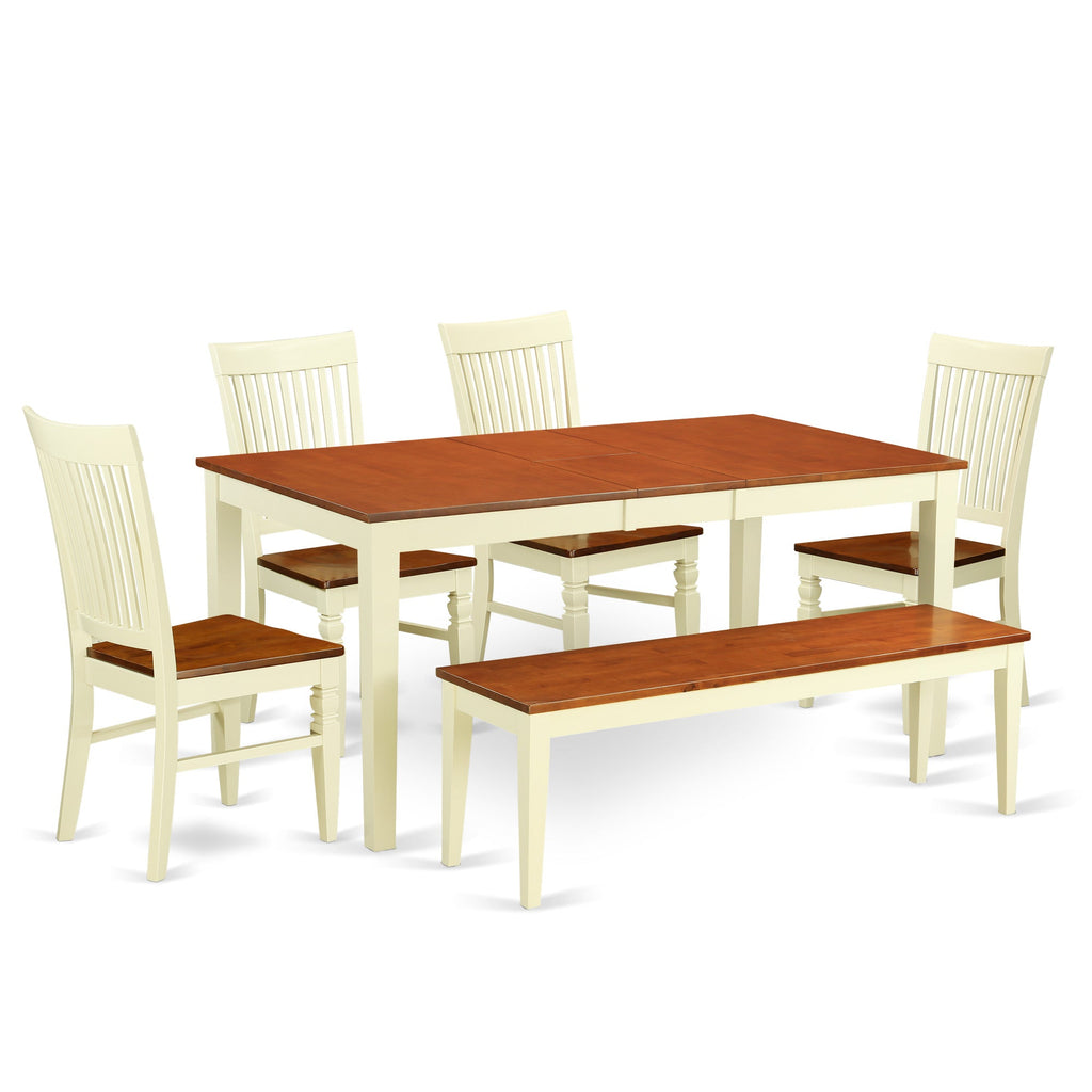 East West Furniture NIWE6-BMK-W 6 Piece Kitchen Table Set Contains a Rectangle Dining Table with Butterfly Leaf and 4 Dining Chairs with a Bench, 36x66 Inch, Buttermilk & Cherry