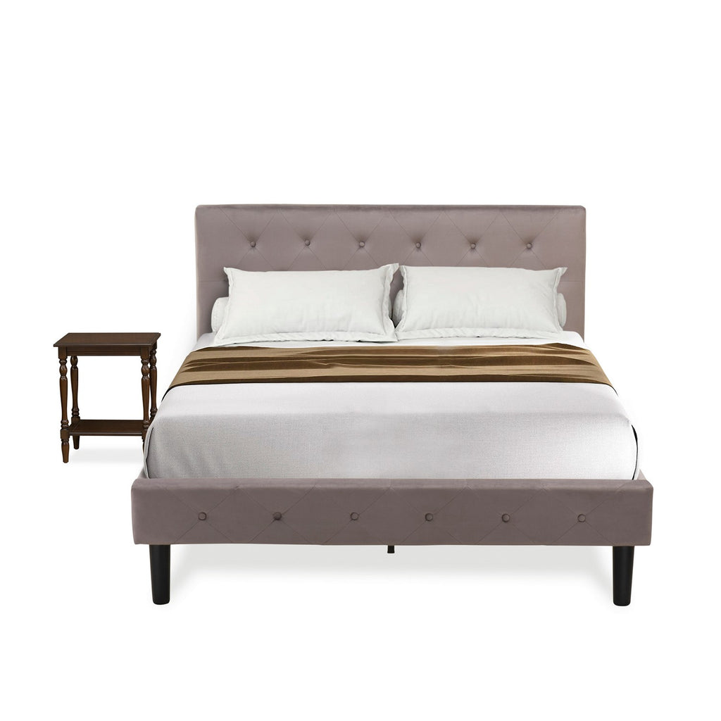 East West Furniture NL14F-1BF0M 2 Piece Bed Set - Button Tufted Bed Frame - Brown Taupe Velvet Fabric Upholstered Headboard and an Antique Mahogany Finished Nightstand