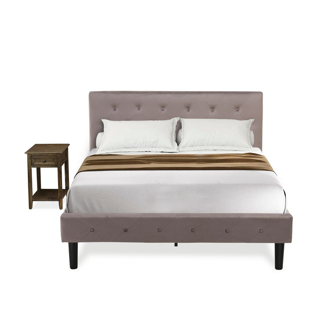 East West Furniture NL14F-1DE07 2 Piece Full Bed Set - Button Tufted Wood Bed Frame - Brown Taupe Velvet Fabric Upholstered Headboard and a Distressed Jacobean Finish Nightstand