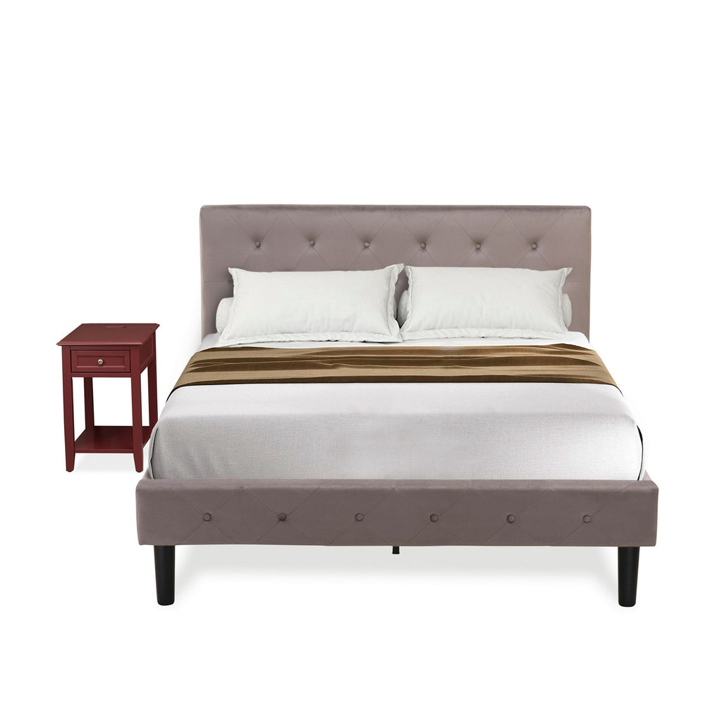 East West Furniture NL14F-1DE13 2 Piece Bed Set - Full Size Button Tufted Bed frame - Brown Taupe Velvet Fabric Upholstered Headboard and a Burgundy Finish Nightstand