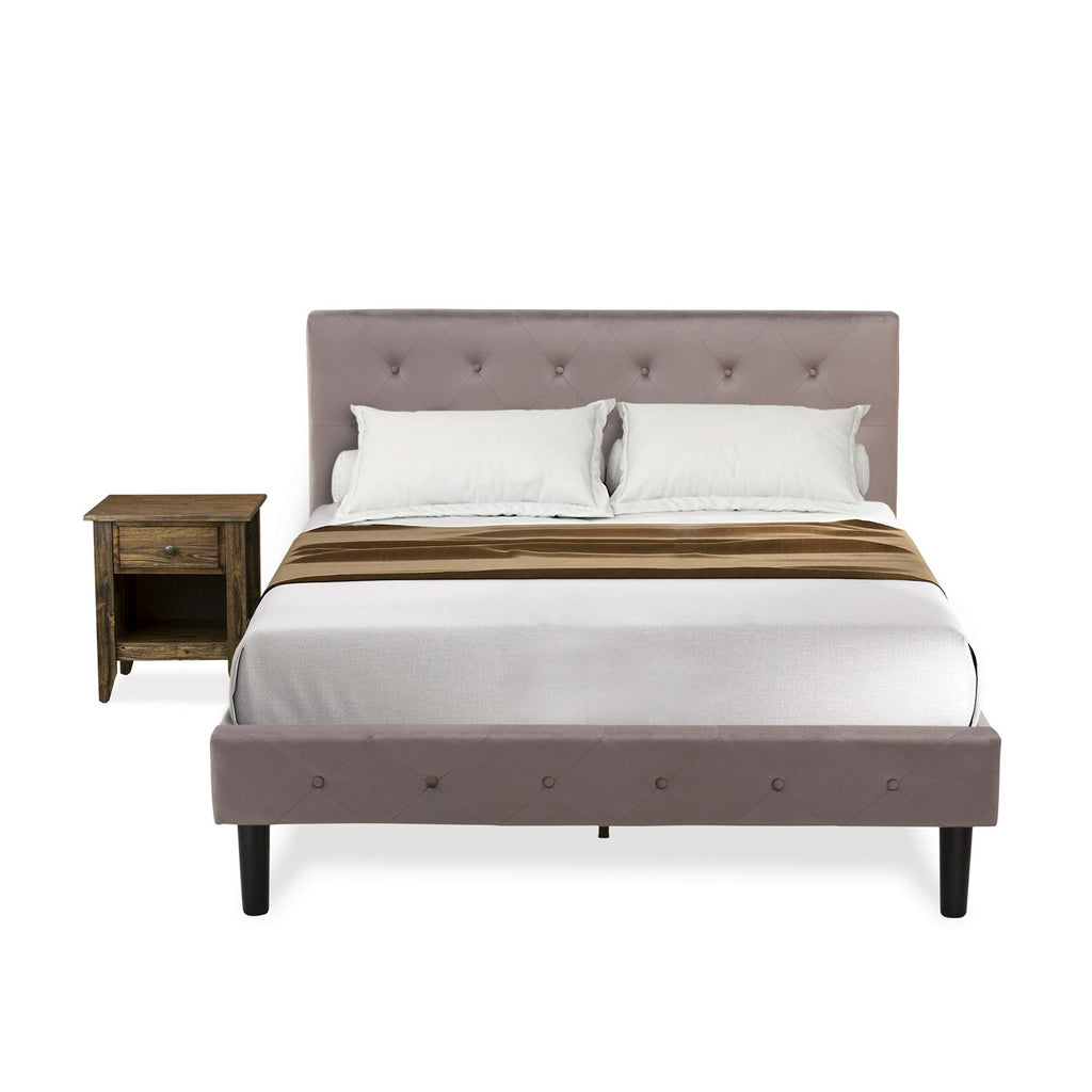 NL14F-1GA07 2 Piece Bedroom Set - Full Size Button Tufted Bed Frame - Brown Taupe Velvet Fabric Upholstered Headboard and a Distressed Jacobean Finish Nightstand