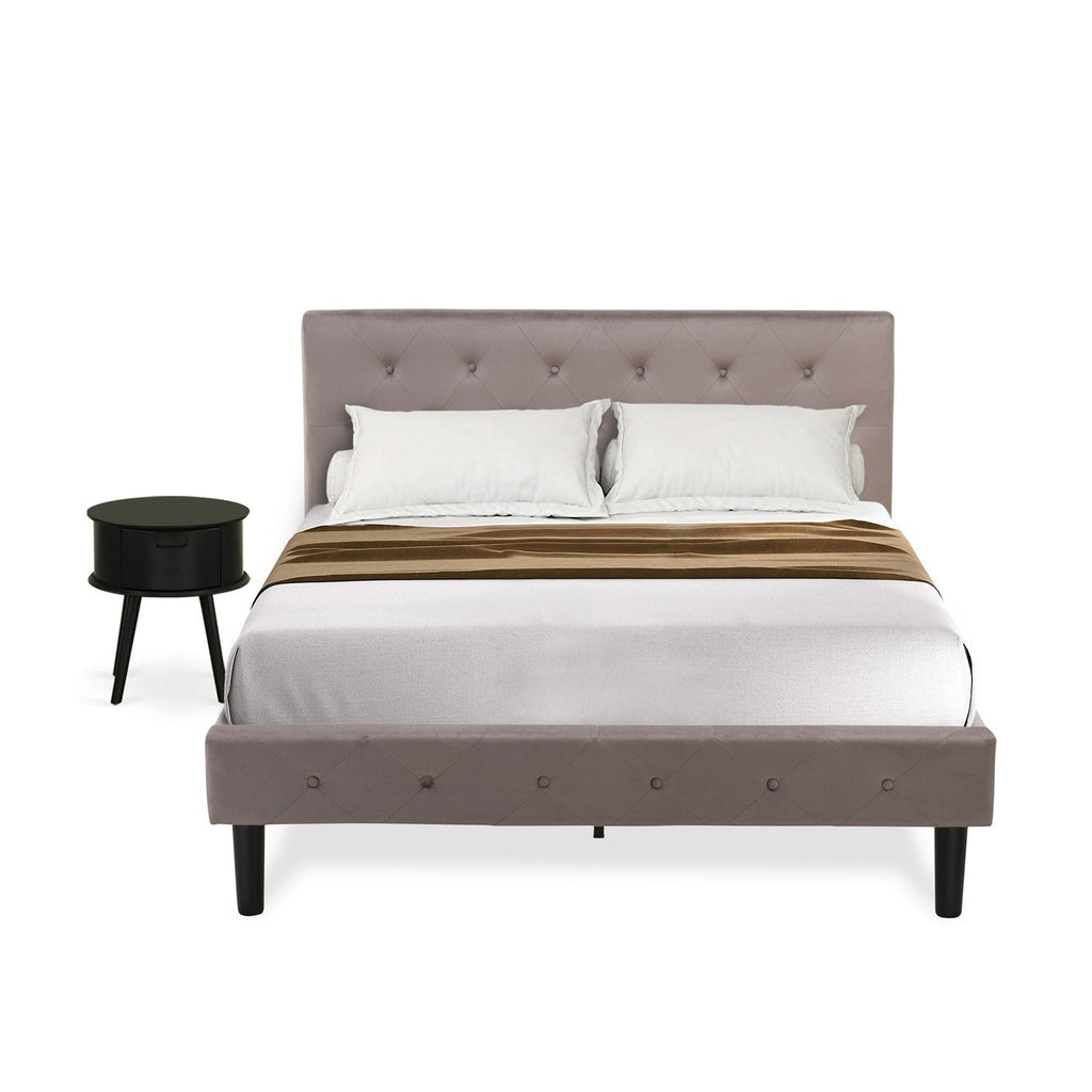 East West Furniture NL14F-1GO11 2 Piece Bedroom Set - Button Tufted Platform Bed Frame - Brown Taupe Velvet Fabric Upholstered Headboard and a Black Finish Nightstand