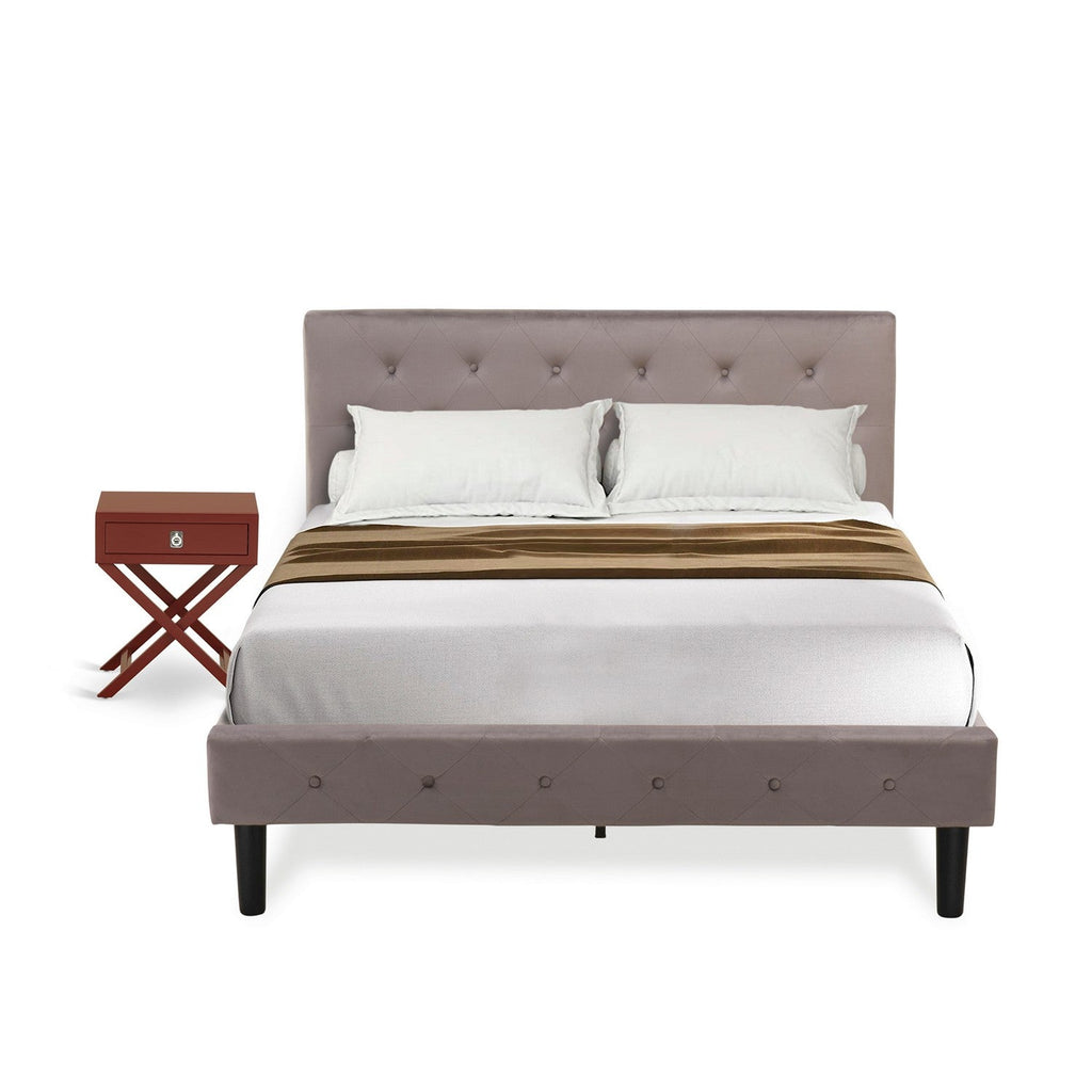 East West Furniture NL14F-1HA13 2 Piece Full Bed Set - Button Tufted Platform Bed Frame - Brown Taupe Velvet Fabric Upholstered Headboard and a Burgundy Finish Nightstand