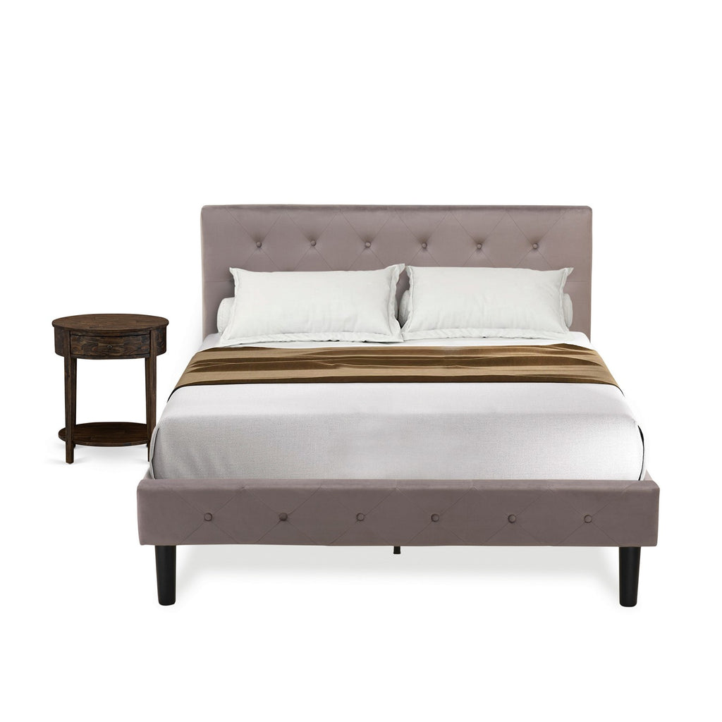 East West Furniture NL14F-1HI07 2 Piece Full Bedroom Set - Button Tufted Bed Frame - Brown Taupe Velvet Fabric Upholstered Headboard and a Distressed Jacobean Finish Nightstand