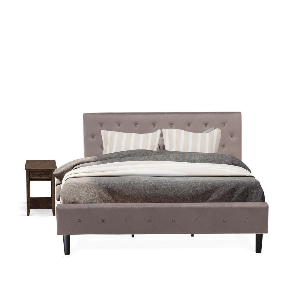 East West Furniture NL14K-1DE07 2 Piece King Bedroom Set - Button Tufted Bed Frame - Brown Taupe Velvet Fabric Upholstered Headboard and a Distressed Jacobean Finish Nightstand