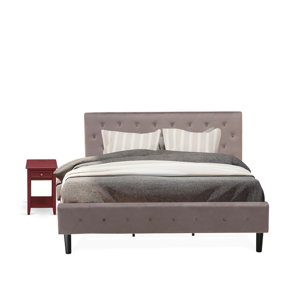 East West Furniture NL14K-1DE13 2 Piece King Bed Set - Button Tufted Platform Bed Frame - Brown Taupe Velvet Fabric Upholstered Headboard and a Burgundy Finish Nightstand