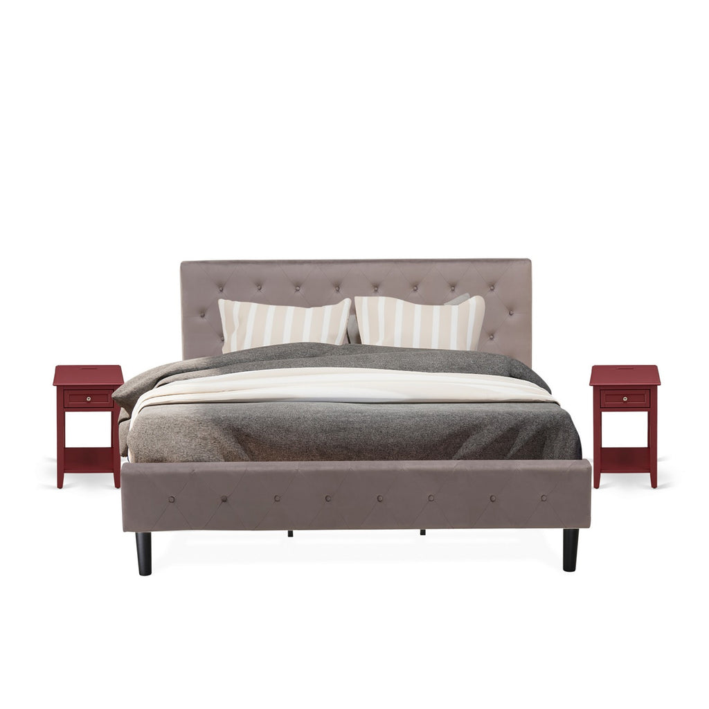 East West Furniture NL14K-2DE13 3 Piece Bed Set - King Size Button Tufted Platform Bed - Brown Taupe Velvet Fabric Upholstered Headboard and a Burgundy Finish Nightstand