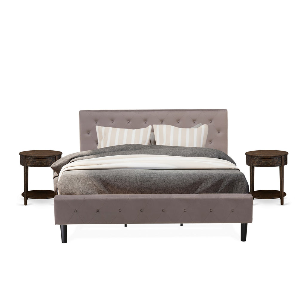 East West Furniture NL14K-2HI07 3 Piece King Bed Set - Button Tufted Modern Bed Frame - Brown Taupe Velvet Fabric Upholstered Headboard and a Distressed Jacobean Finish Nightstand