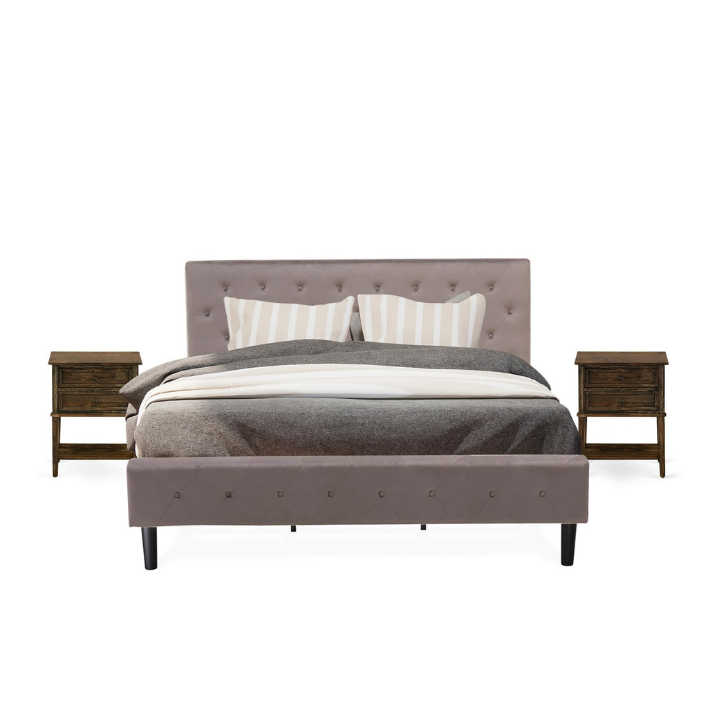 NL14K-2VL07 3 Piece King Size Bed Set - Button Tufted Platform Bed - Brown Taupe Velvet Fabric Upholstered Headboard and a Distressed Jacobean Finish Nightstand