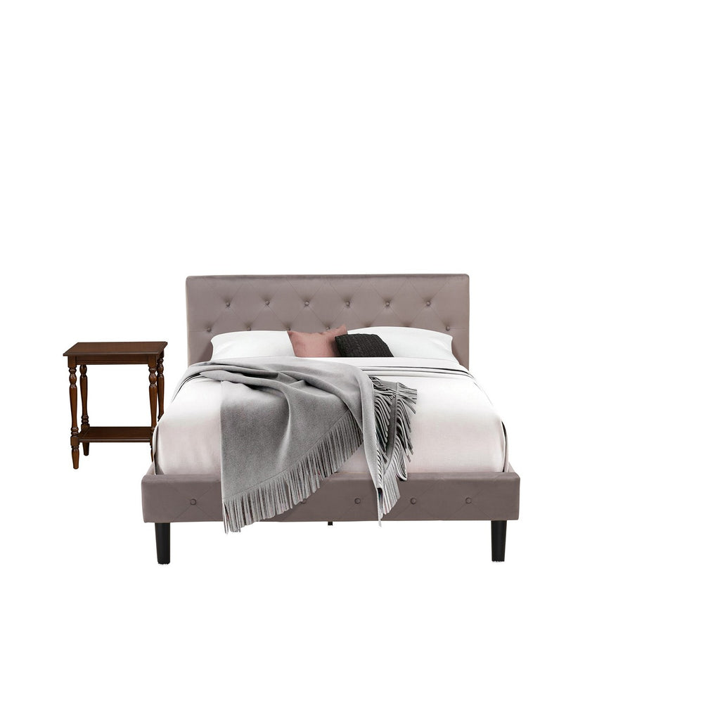 East West Furniture NL14Q-1BF0M 2 Piece Bedroom Set - Queen Size Button tufted Bed - Brown Taupe Velvet Upholstered Headboard and an Antique Mahogany Finish Nightstand