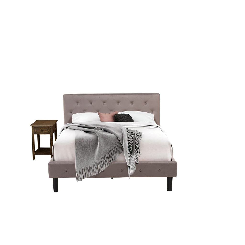 East West Furniture NL14Q-1DE07 2 Piece Queen Size Bedroom Set - Button Tufted Bed frame - Brown Taupe Velvet Fabric Upholstered Headboard and a Distressed Jacobean Finish Nightstand