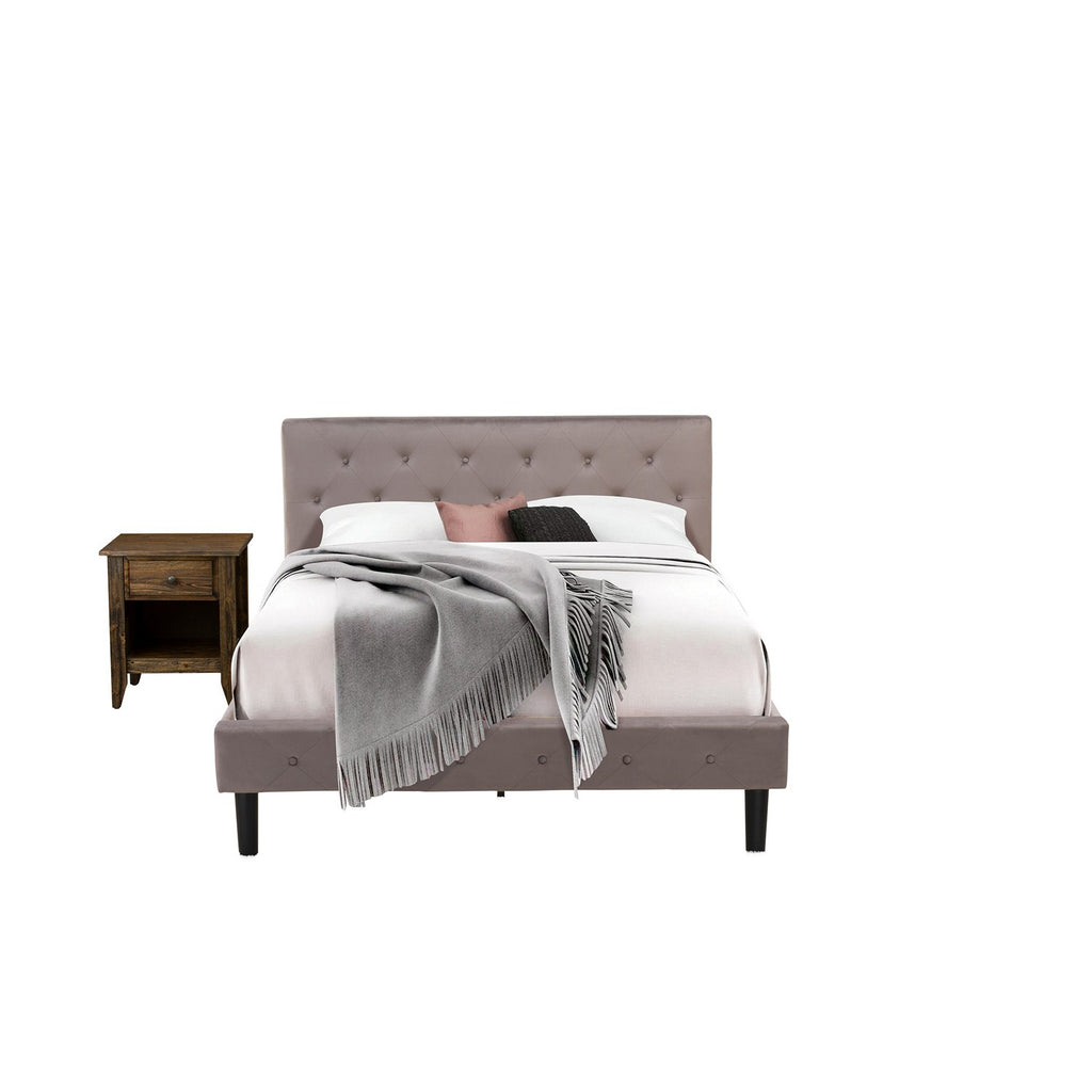 NL14Q-1GA07 2 Piece Queen Bed Set - Button Tufted Bed Frame - Brown Taupe Velvet Fabric Upholstered Headboard and a Distressed Jacobean Finish Nightstand
