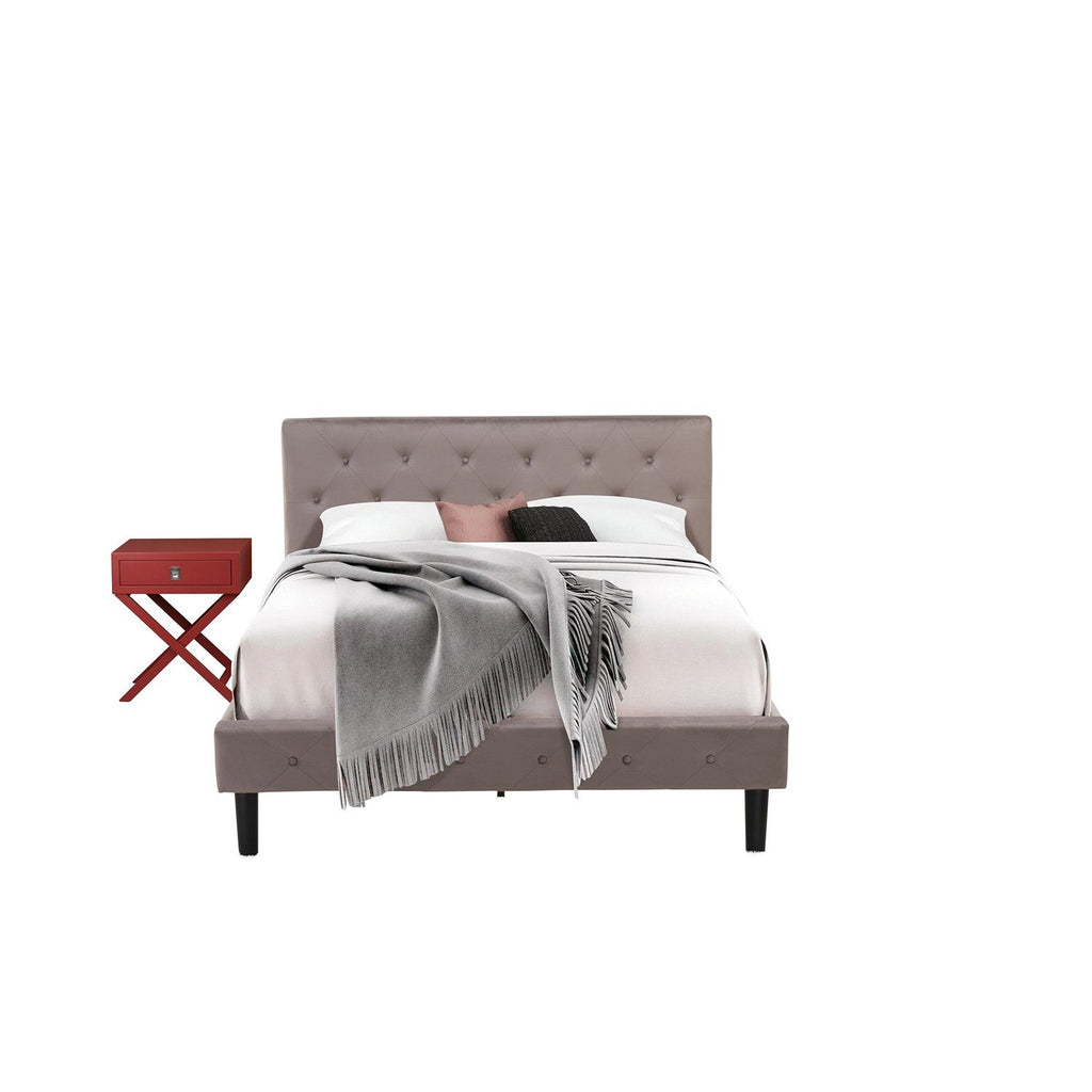 East West Furniture NL14Q-1HA13 2 Piece Queen Size Bed Set - Button Tufted Bed Frame - Brown Taupe Velvet Fabric Upholstered Headboard and a Burgundy Finish Nightstand