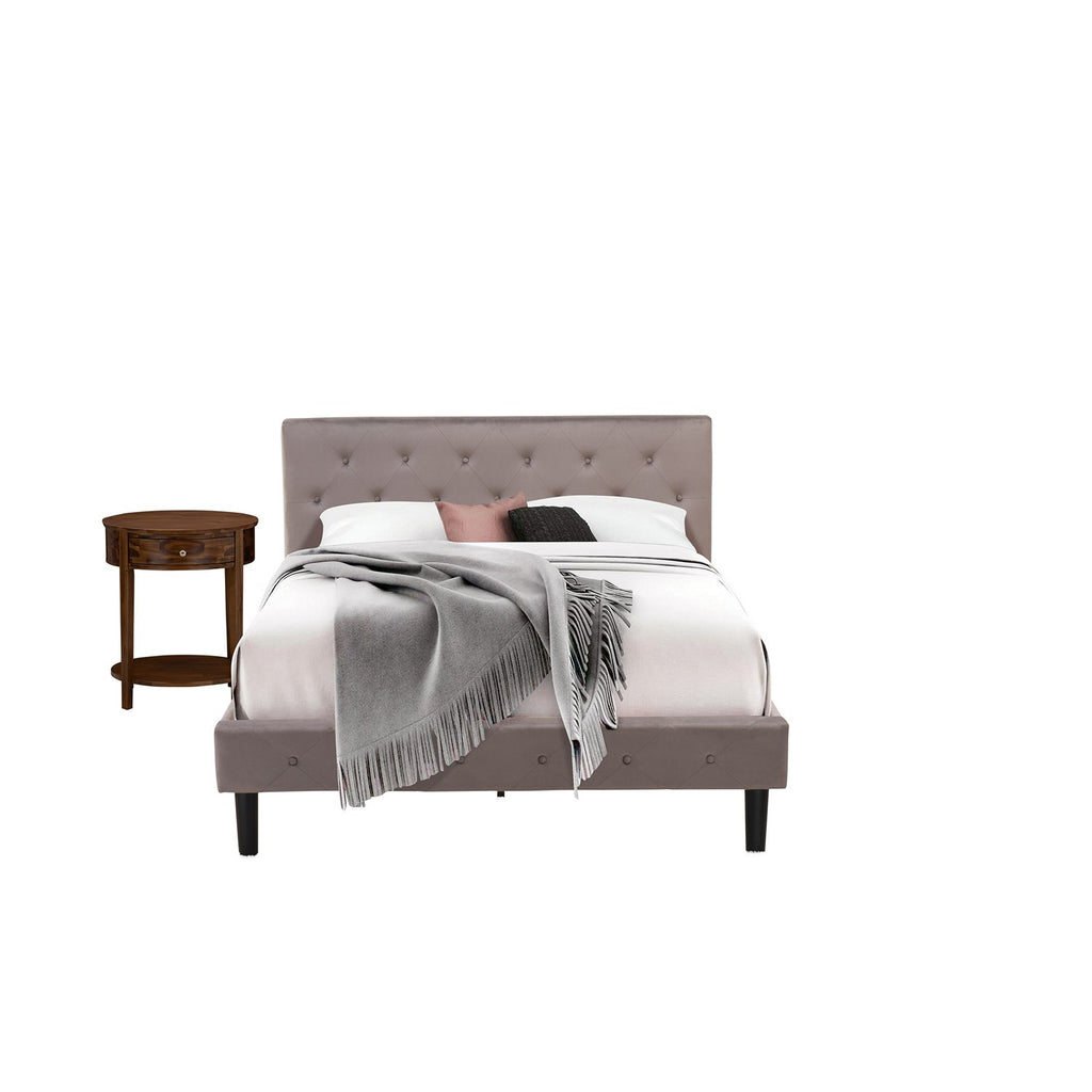 East West Furniture NL14Q-1HI08 2 Piece Bedroom Set - Queen Size Button Tufted Bed - Brown Taupe Velvet Fabric Upholstered Headboard and an Antique Walnut Finish Nightstand