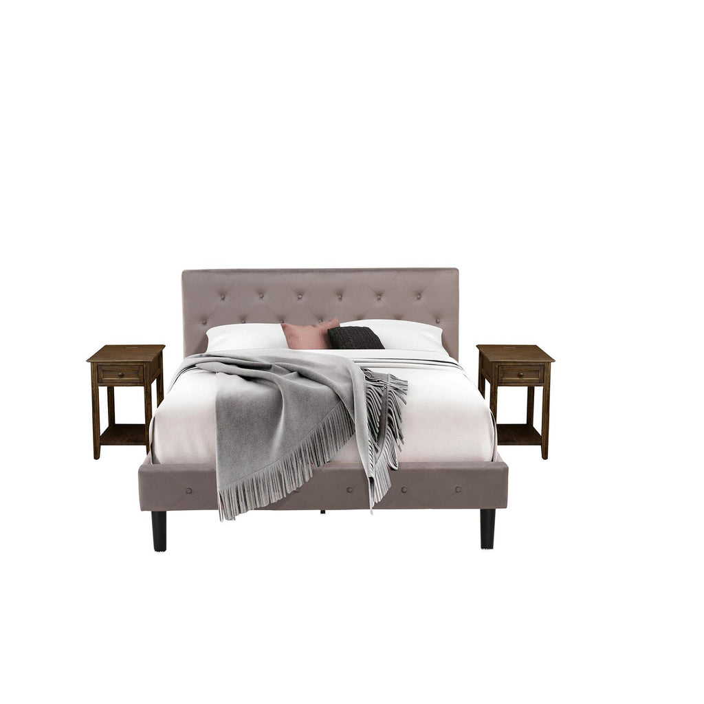 East West Furniture NL14Q-2DE07 3 Pc Bedroom Set - Button Tufted Platform Bed - Brown Taupe Velvet Fabric Upholstered Headboard and a Distressed Jacobean Finish Nightstand