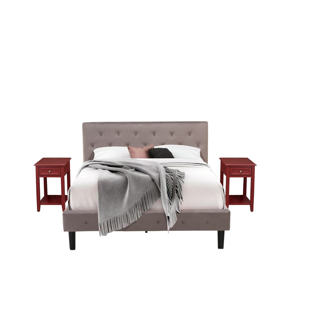 East West Furniture NL14Q-2DE13 3 Piece Queen Size Bedroom Set - Button Tufted Bed Frame - Brown Taupe Velvet Fabric Upholstered Headboard and a Burgundy Finish Nightstand