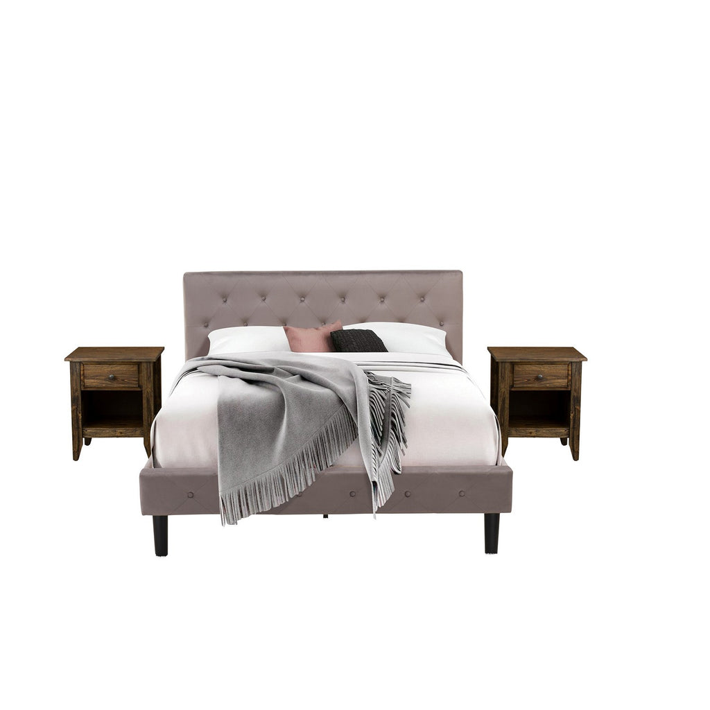 NL14Q-2GA07 3 Piece Bedroom Set - Button Tufted Queen Size Bed - Brown Taupe Velvet Fabric Upholstered Headboard with and a Distressed Jacobean Finish Nightstand