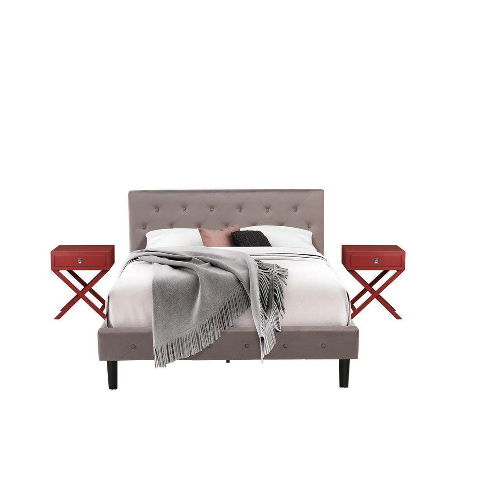 East West Furniture NL14Q-2HA13 3 Pc Bed Set - Button Tufted Queen Frame - Brown Taupe Velvet Fabric Upholstered Headboard and a Burgundy Finish Nightstand