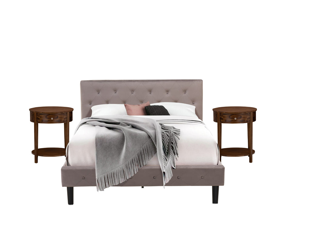East West Furniture NL14Q-2HI08 3 Piece Queen Size Bed Set - Button Tufted Bed Frame - Brown Taupe Velvet Fabric Upholstered Headboard and an Antique Walnut Finish Nightstand