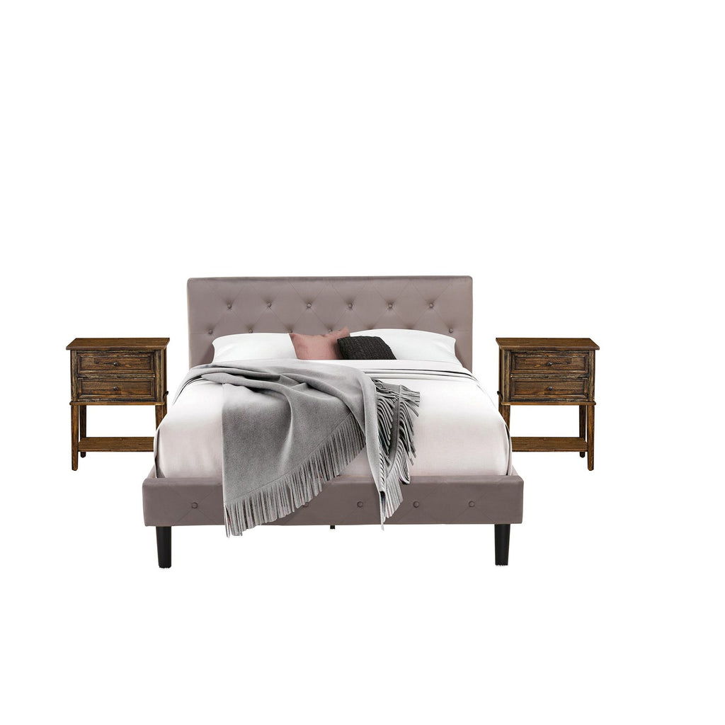 NL14Q-2VL07 3 Pc Bed Set - Queen Size Button Tufted Bed - Brown Taupe Velvet Fabric Upholstered Headboard and a Distressed Jacobean Finish Nightstand