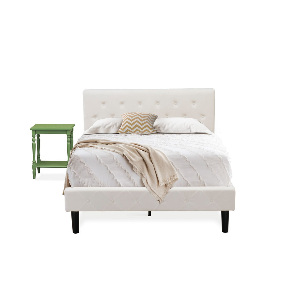 East West Furniture NL19F-1BF12 2 Piece Full Size Bedroom Set - Button Tufted Modern Bed Frame - White Velvet Upholstered Headboard and a Clover Green Finish Nightstand