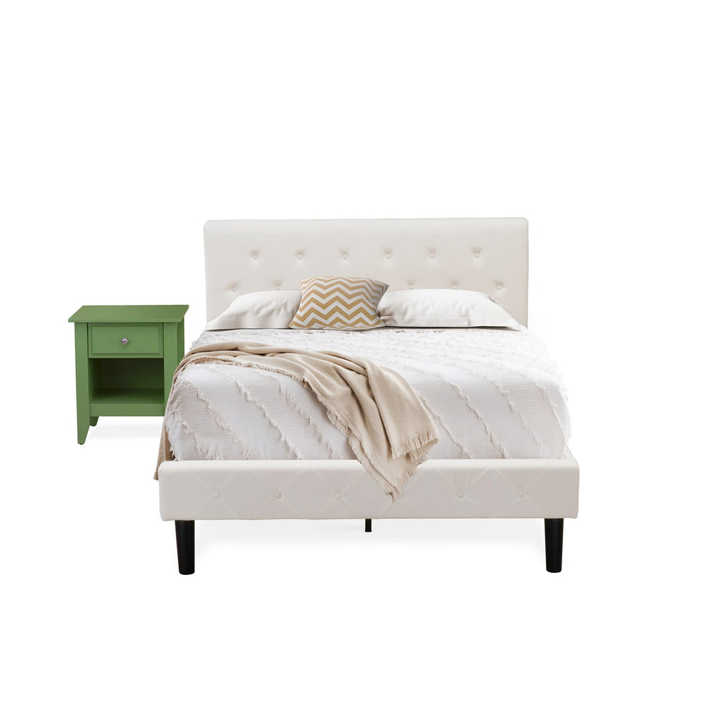 NL19F-1GA12 2 Piece Bedroom Set - Full Size Button Tufted Bed - White Velvet Fabric Upholstered Headboard and a Clover Green Finish Nightstand