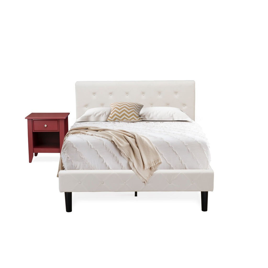 NL19F-1GA13 2 Piece Full Size Bed Set - Button Tufted Platform Bed Frame - White Velvet Fabric Upholstered Headboard and a Burgundy Finish Nightstand
