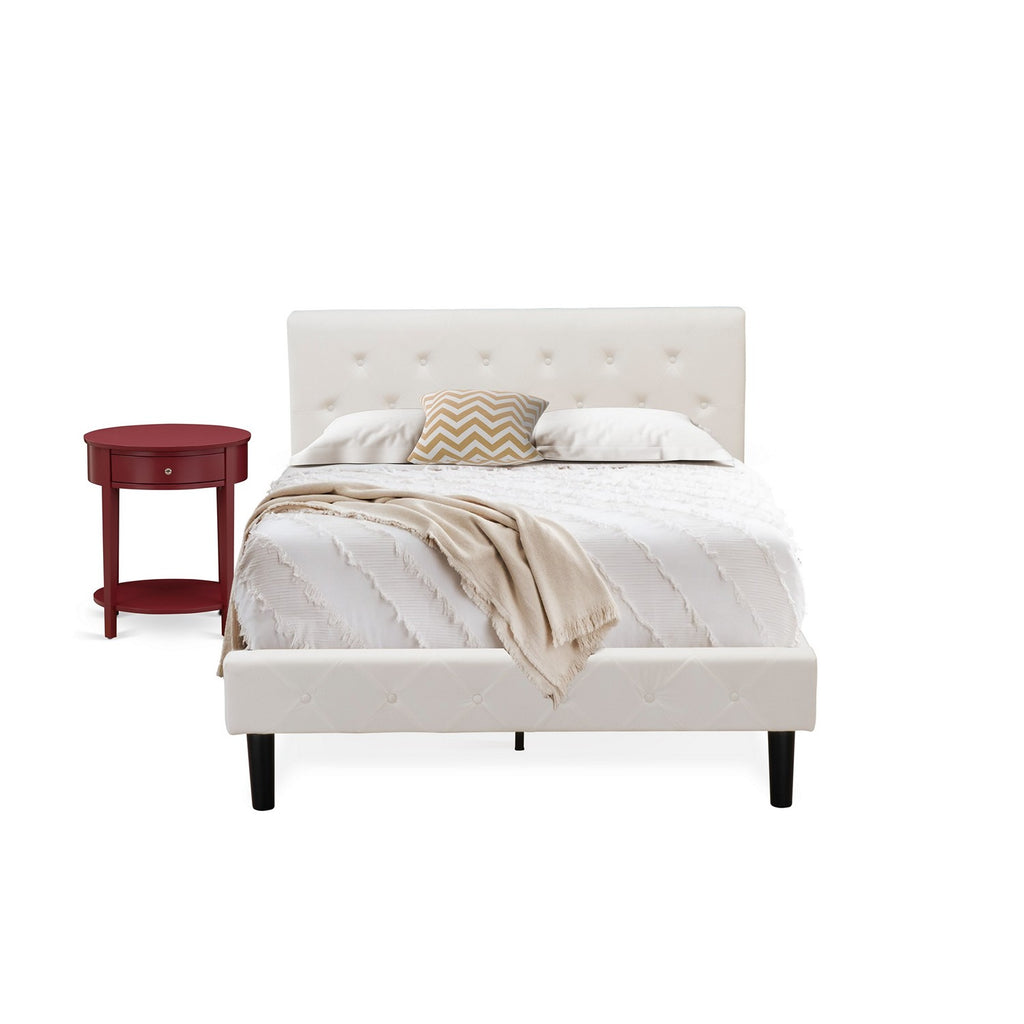 East West Furniture NL19F-1HI13 2 Piece Bedroom Set - Full Size Button Tufted Bed - White Velvet Fabric Upholstered Headboard and a Burgundy Finish Nightstand